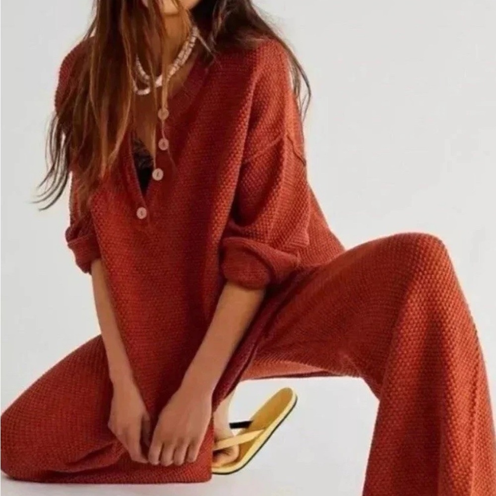 FREE PEOPLE Hailee Waffle Stitch Long Sleeve Top & Wide Leg Pants Knit Set NWT
